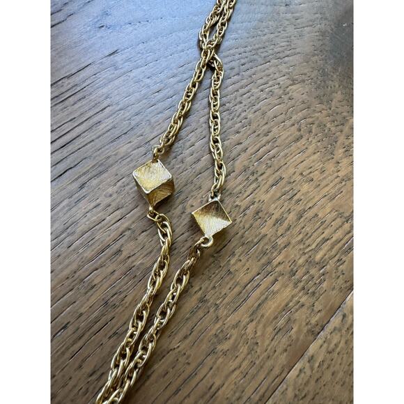 Monet Vintage Gold Tone Chain Station Necklace with Gold Cube Beads 26" - Picture 4 of 8